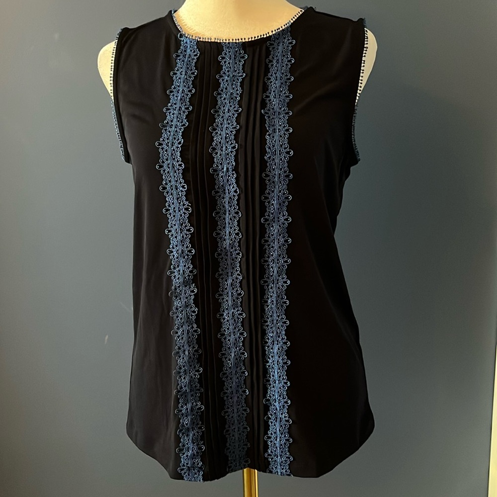 Karl Lagerfeld-Paris, ladies sleeveless, with intricate blue lace trim & tucking